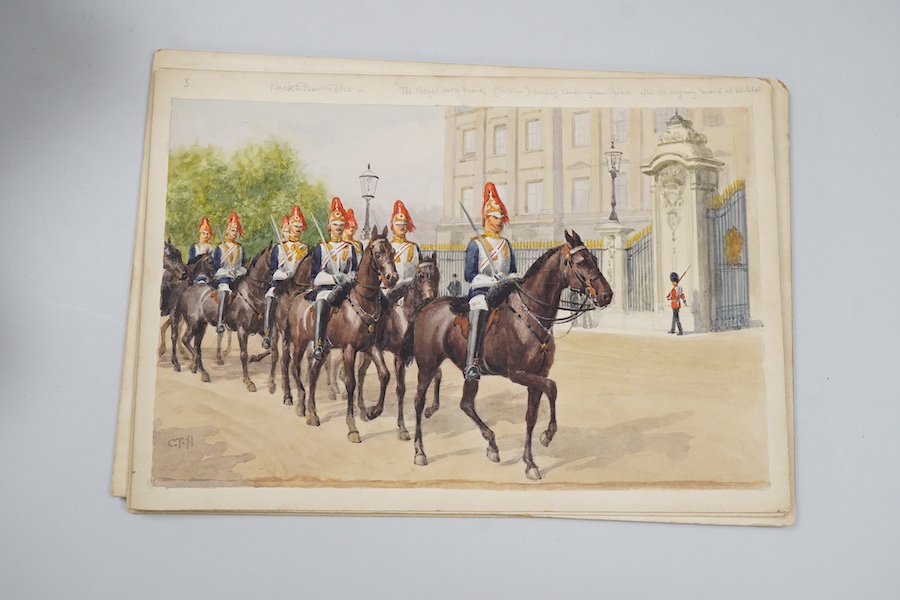 Charles Howard (19th/20th. C), London Pageantry scenes to include - Changing sentries at Buckingham Palace, Irish Guards at St. James's Palace and Lifeguards at Horseguards, some monogrammed, set of five original waterco
